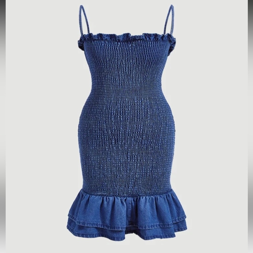 Denim Blue Smocked Ruffle Hem Mini Plus Dress New, No Tags